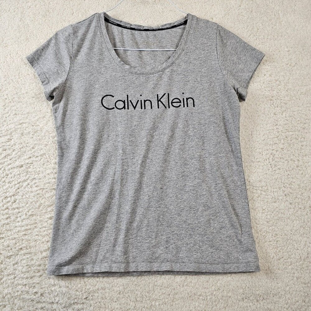 Calvin Klein Women's T Shirt Medium Gray Short Sleeve Black Logo Scoop Neck